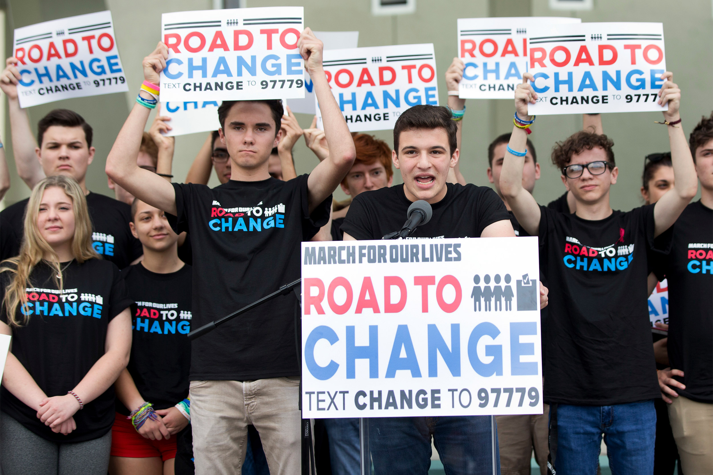 Cameron Kasky (center) speaks during a news conference, Monday, June 4, 2018, in Parkland, Fla.