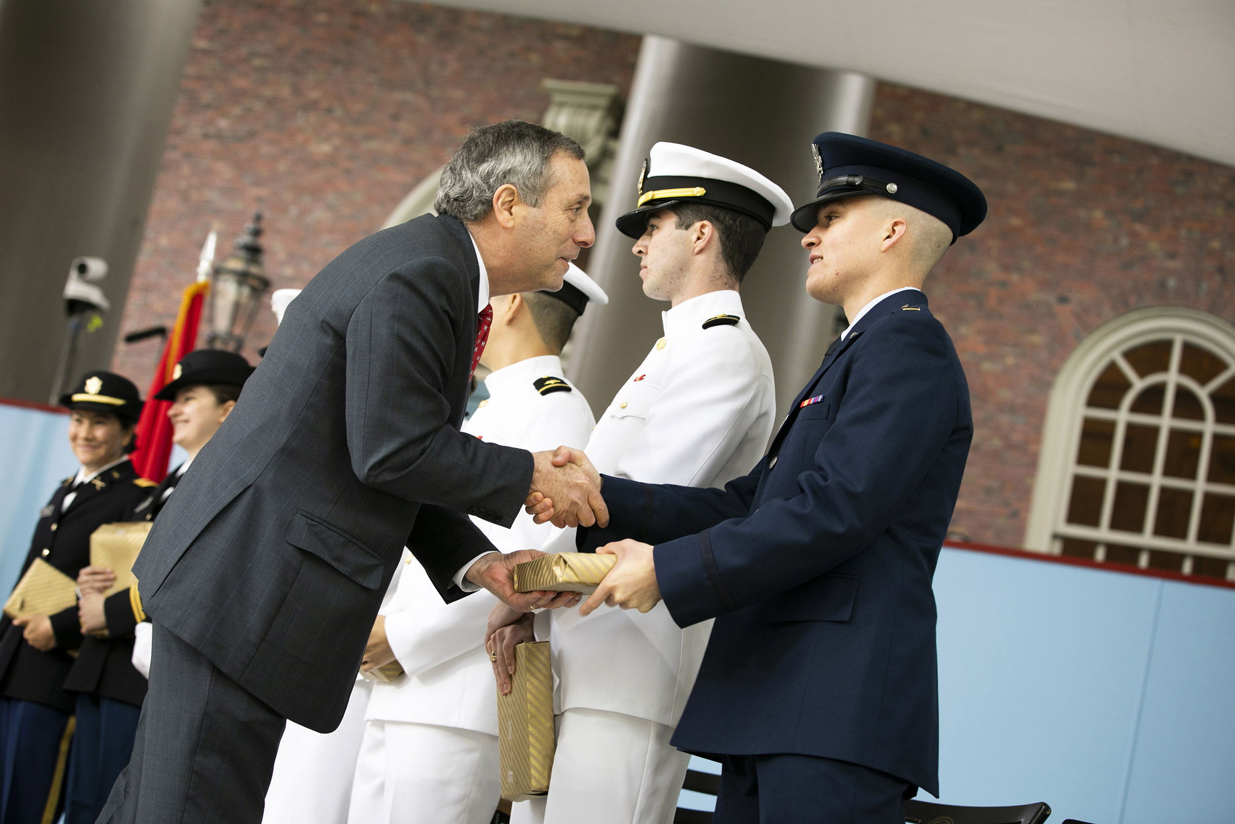 Larry Bacow at ROTC Commissioning Ceremony for the Class of 2019.