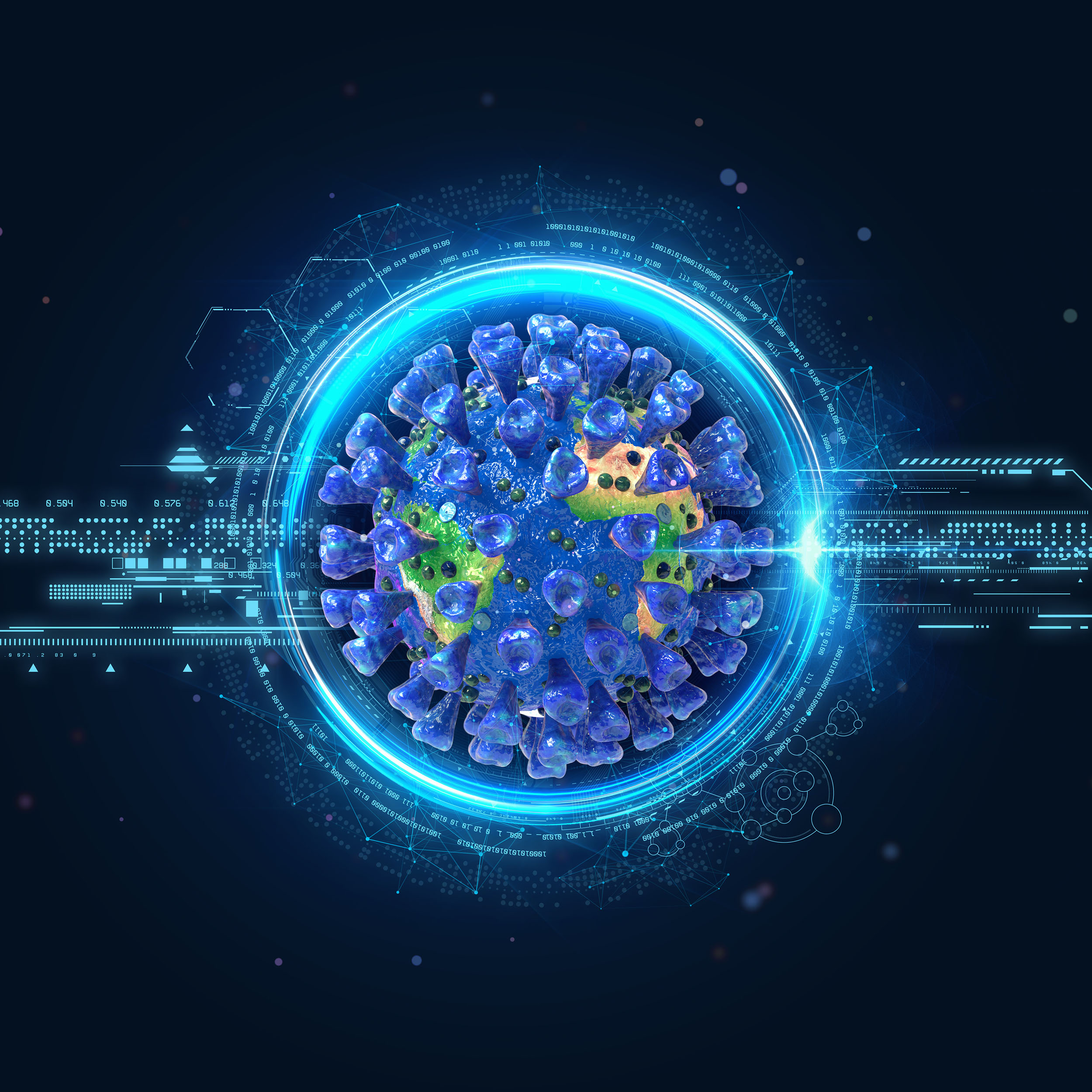 Illustration of binary code overlaying coronavirus-shaped globe.