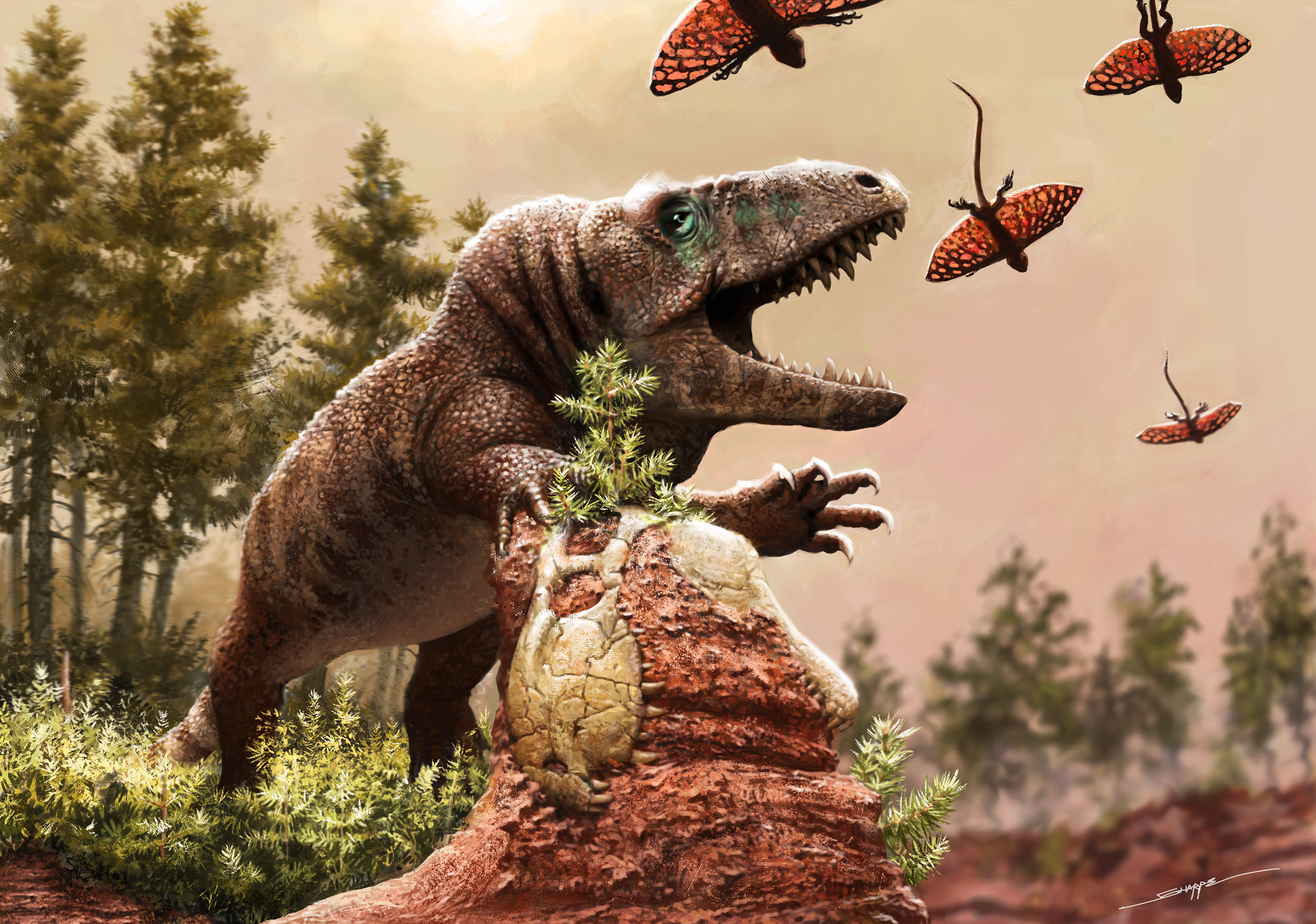 Artistic rendering of of carnivorous reptile that was a close relative of crocodiles and dinosaurs chasing a gliding reptile in a hot and dry river valley 240 million years ago.