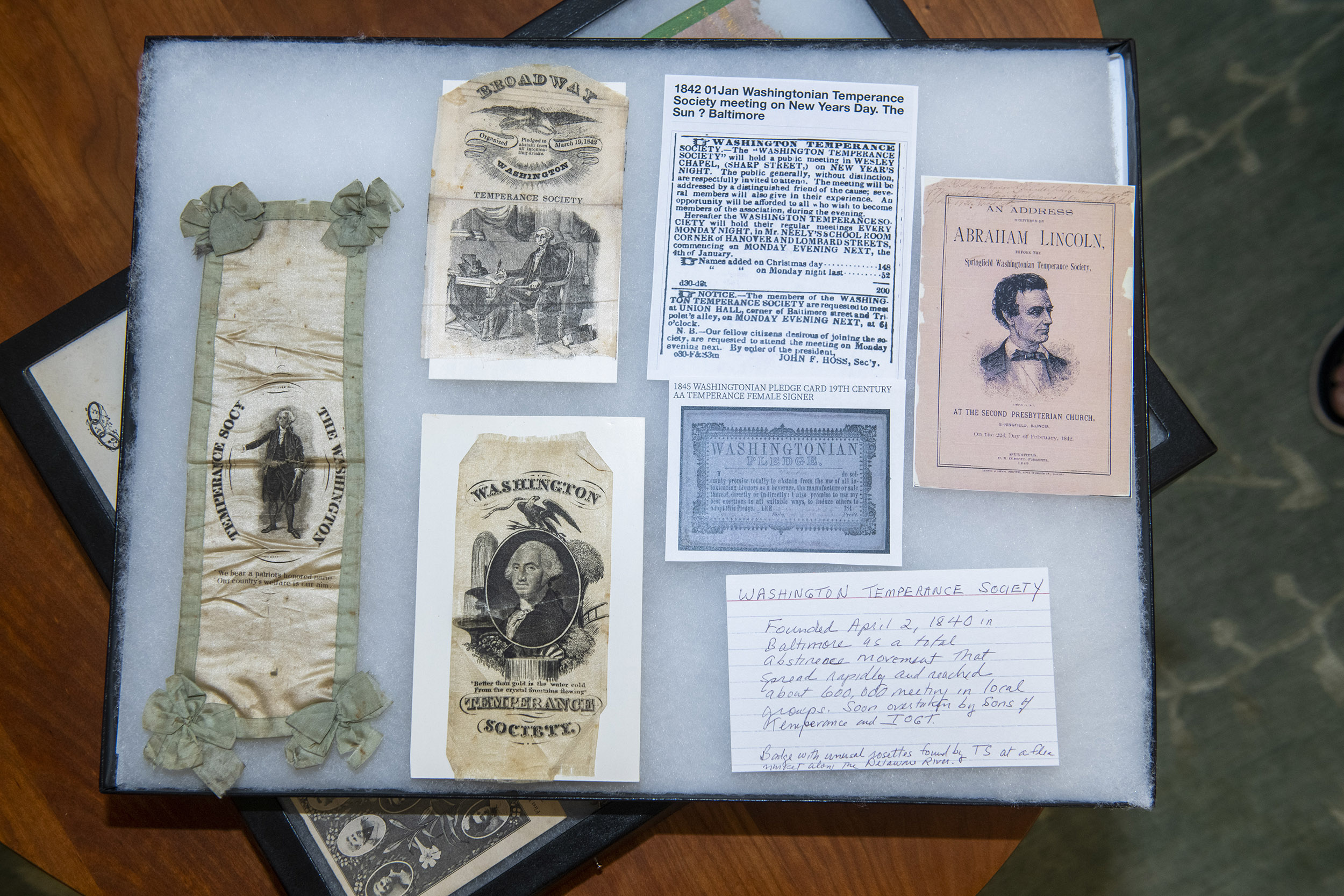 1840s ribbons ribbon and material from Washington Temperance movement.