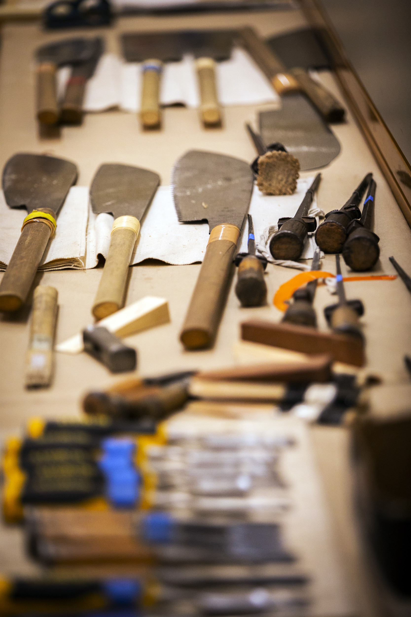 Close up of the tools on the workbench.