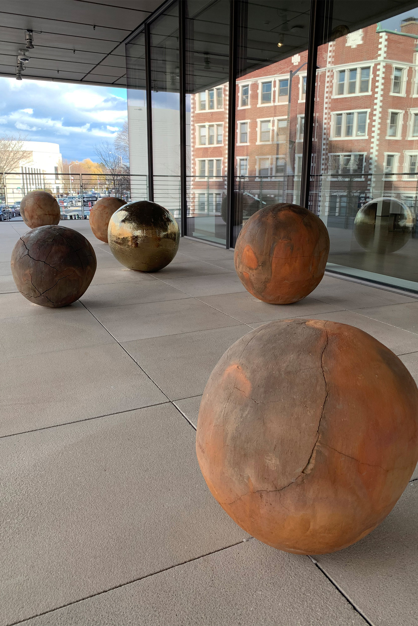 Spheres on Broadway terrace.