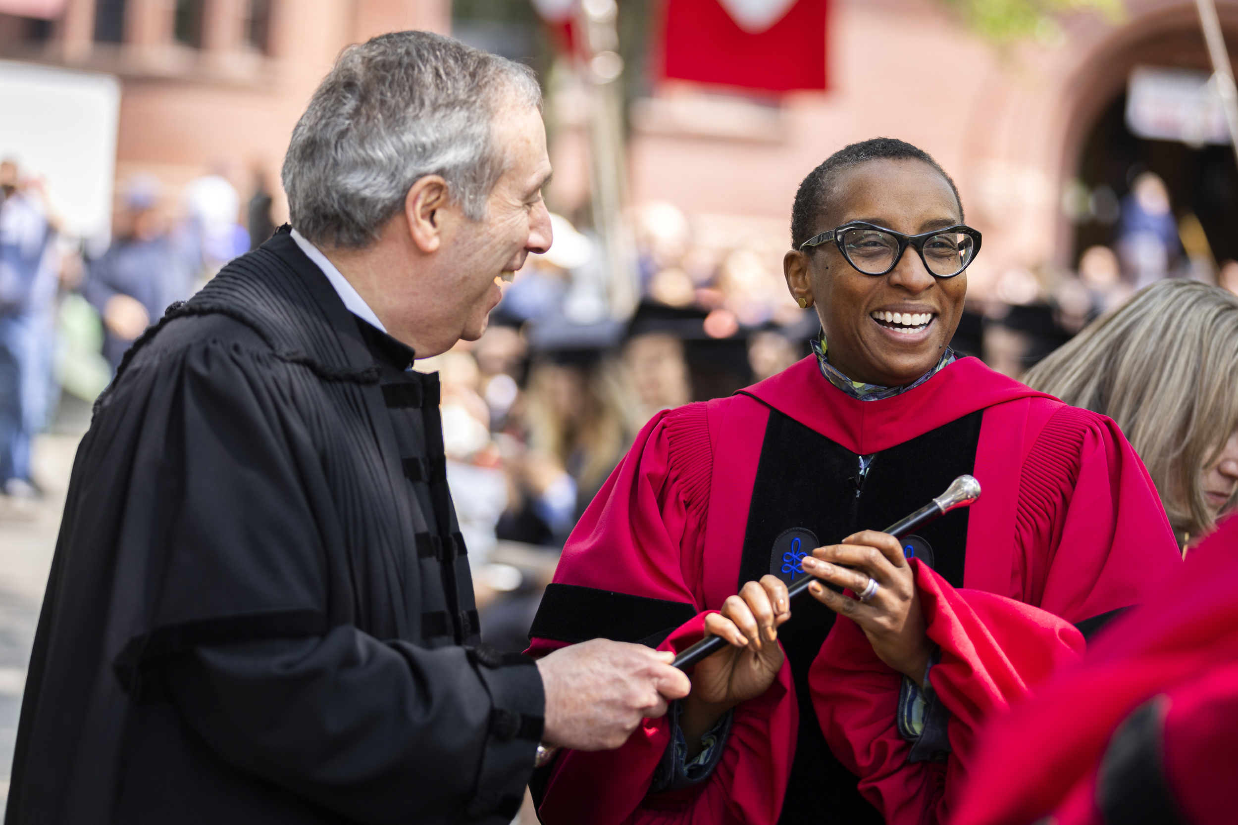 Larry Bacow and Claudine Gay, the president and president-elect, are pictured during Commencement 2023 festivities.