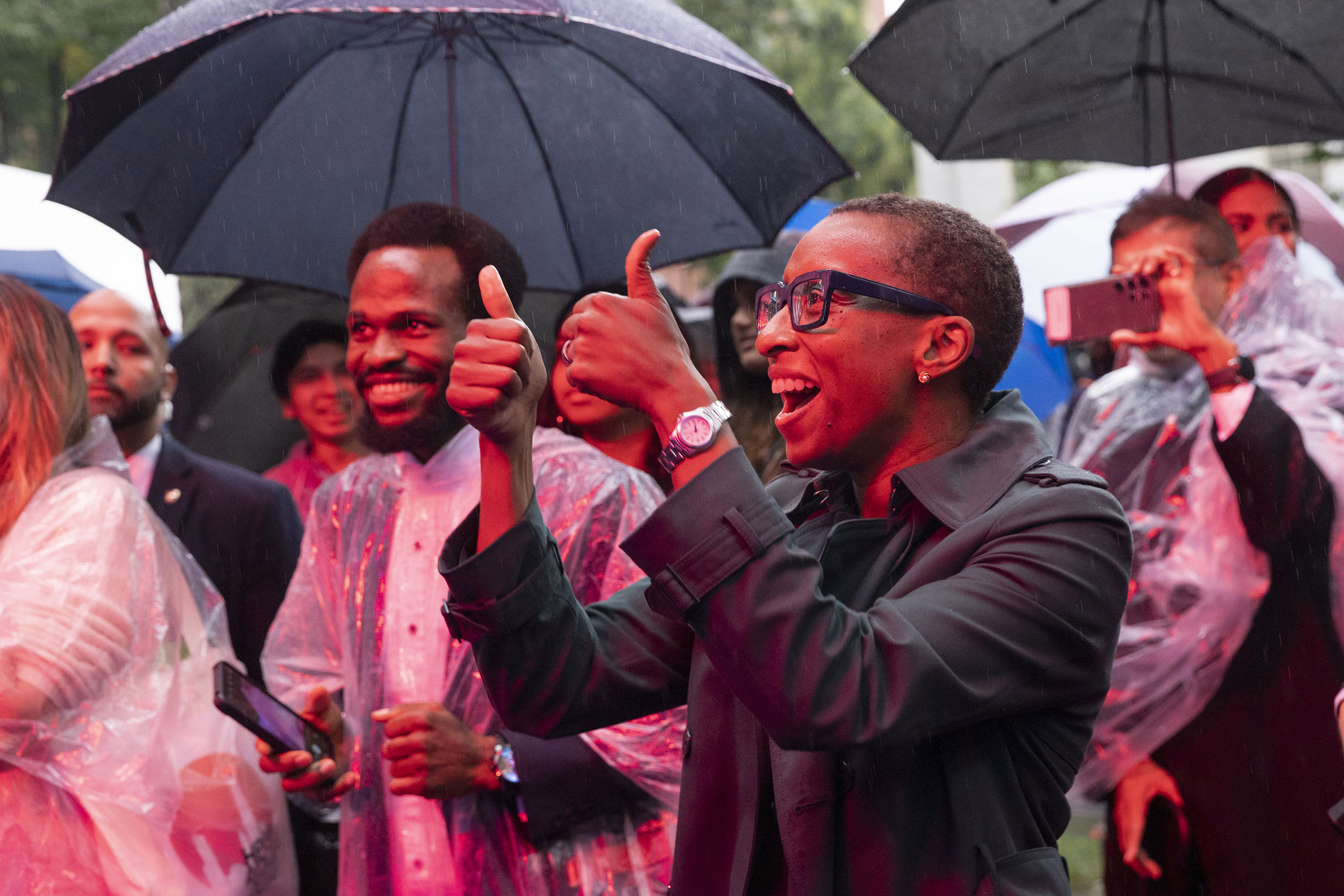 President Claudine Gay gives the thumbs up sign to the performers of Charles Revival,