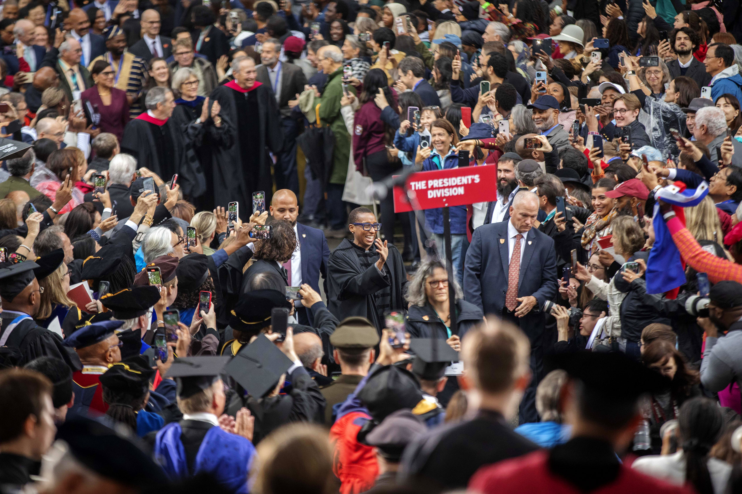 Crowd cheers for Claudine Gay as she proceeds to the stage for her inauguration as Harvard's 30th president.