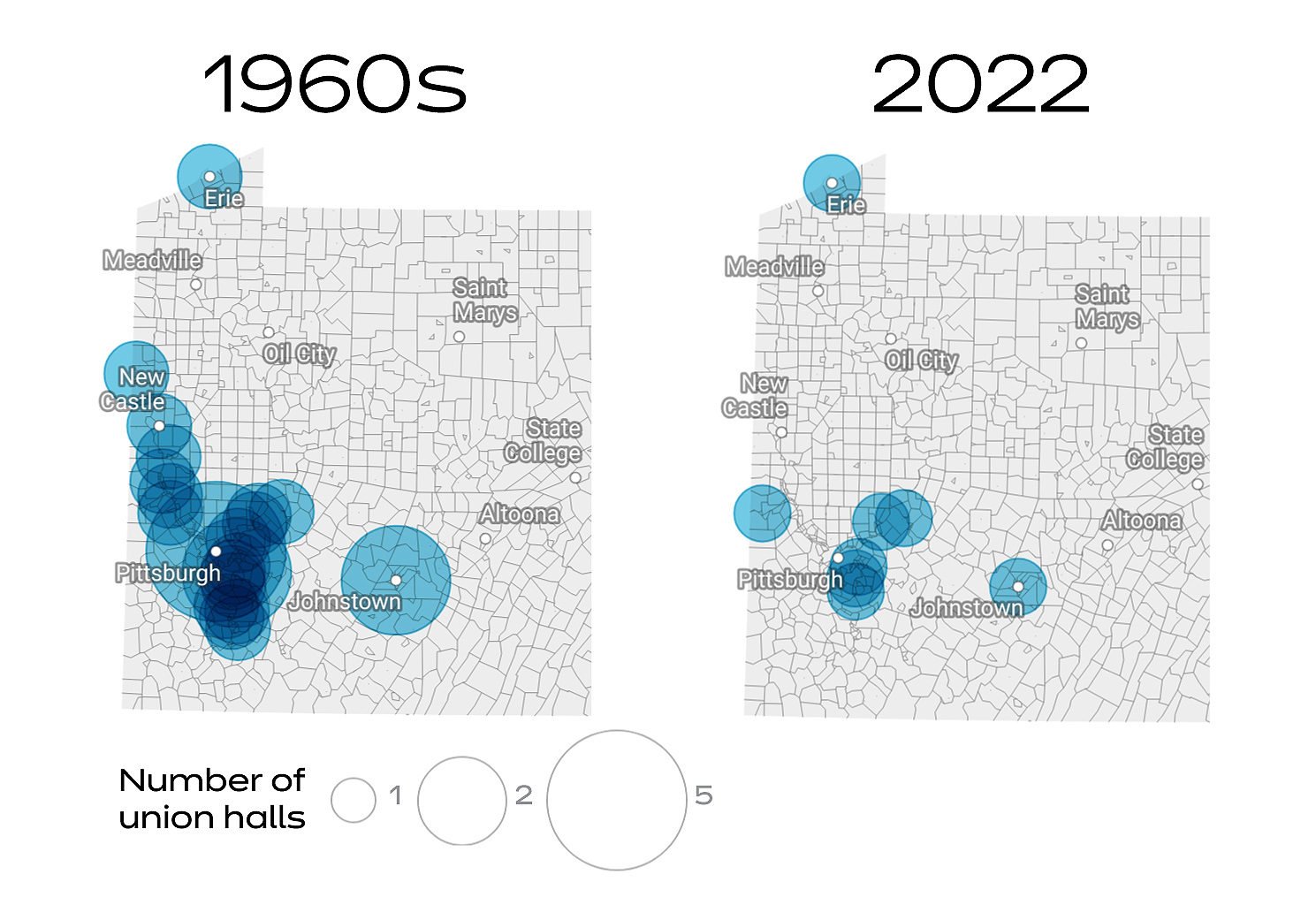 Map of Western Pennsylvania shows only eight of 37 United Steelworkers union halls that existed in the region in 1960s survive in 2022. Map from 1960s shows multiple halls, as many as five, serving the larger municipalities such as Pittsburgh.