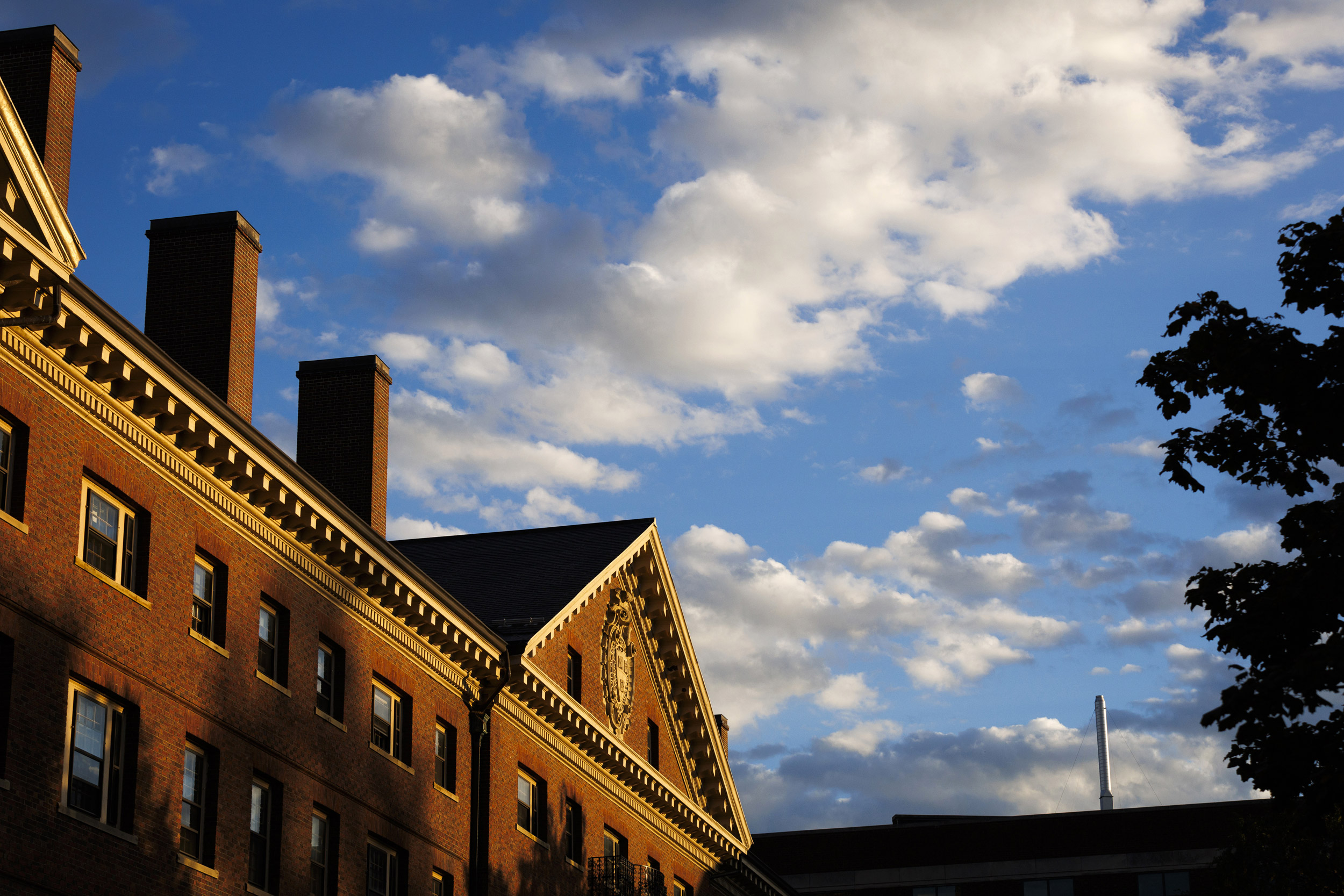 A veritas shield decorates Pierce Hall .