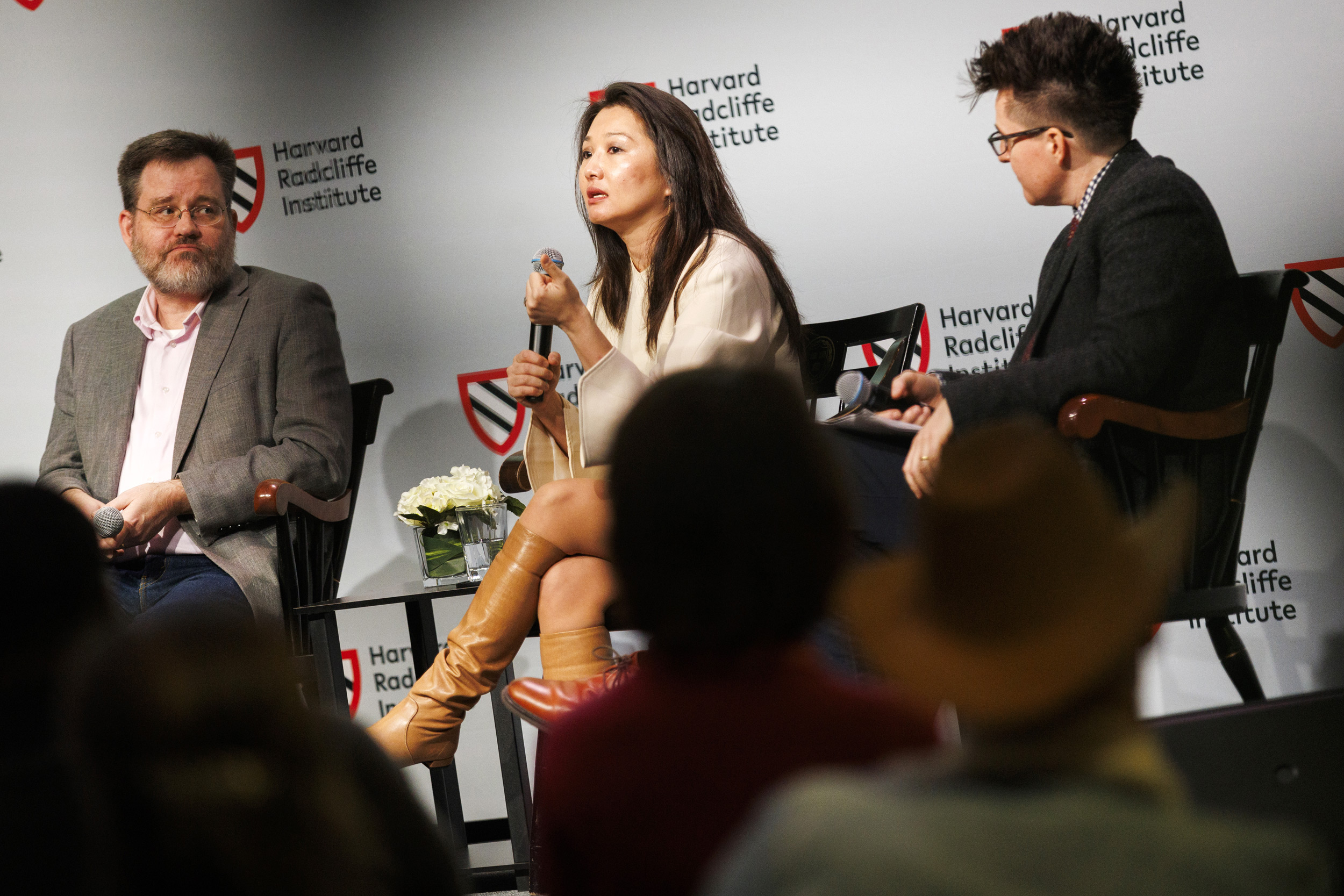 Keith E. Whittington (from left), Jeannie Suk Gersen, and Erica Chenoweth are pictured during the event in the Knafel Center