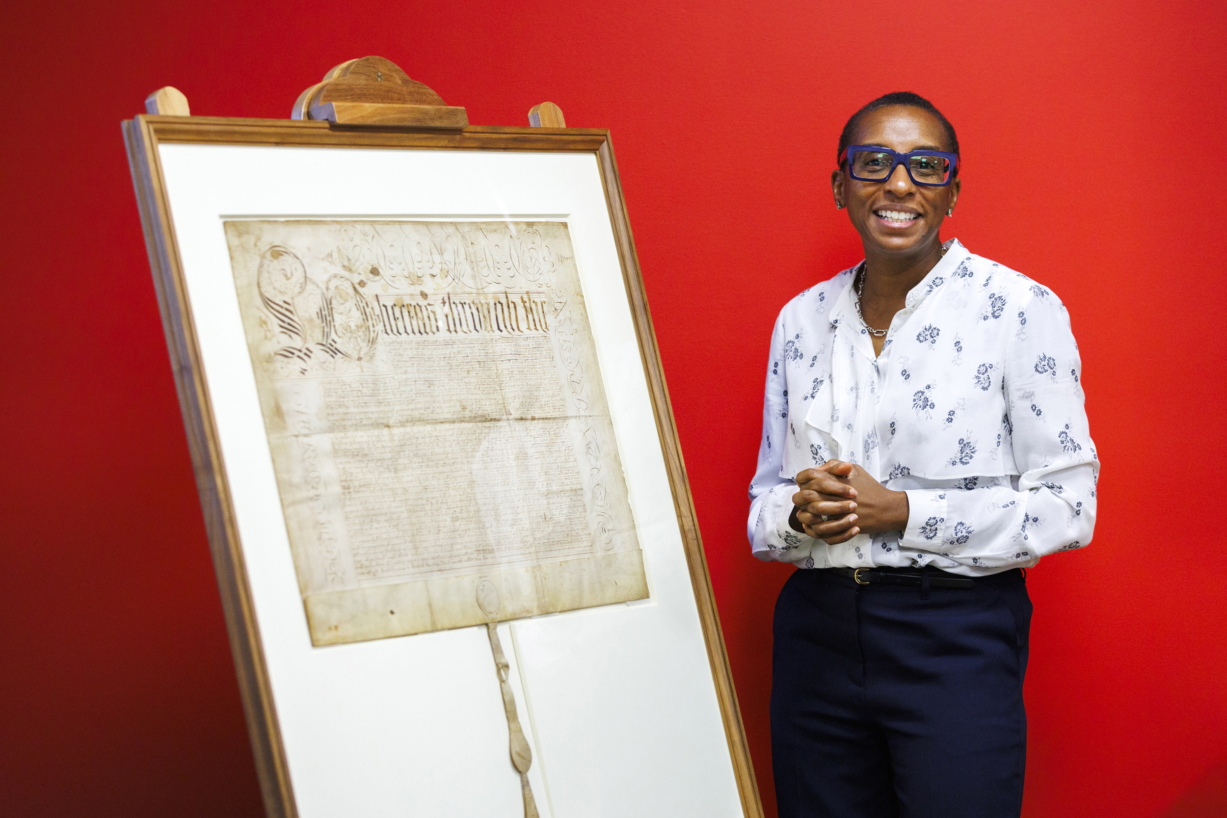 Harvard President Claudine Gay visits Harvard Archives.