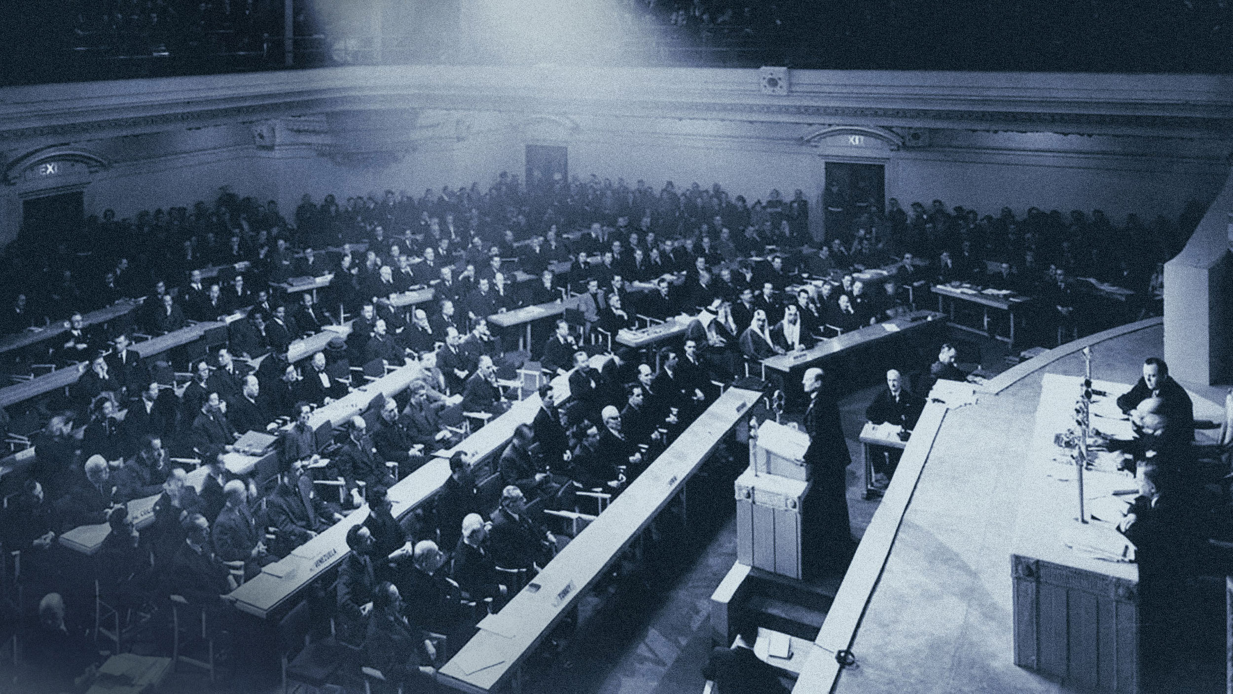 Overview of large hall gathering first session of the United Nations General Assembly.