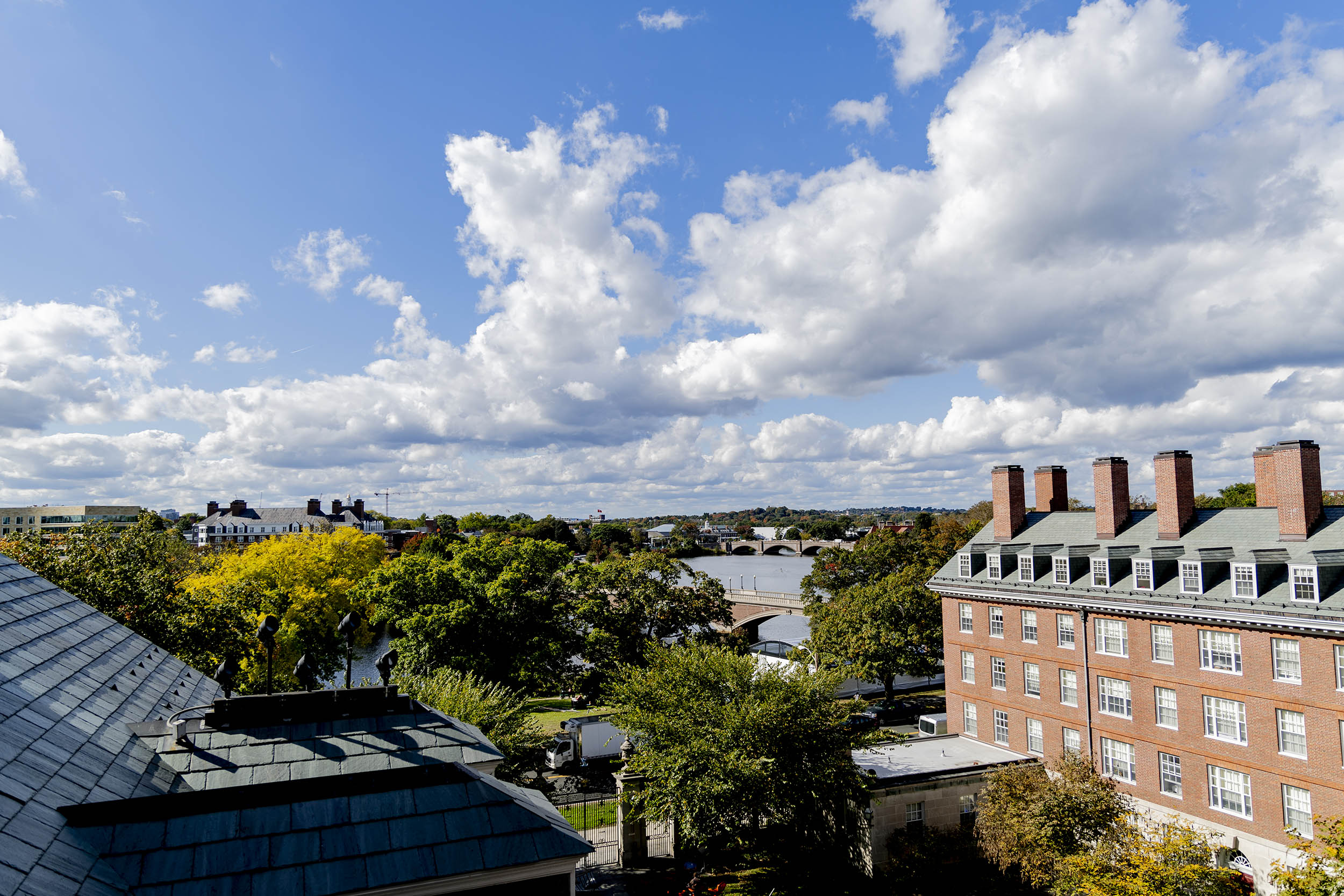 Aerial view of Harvard campus and Charles River from Dunster House. 