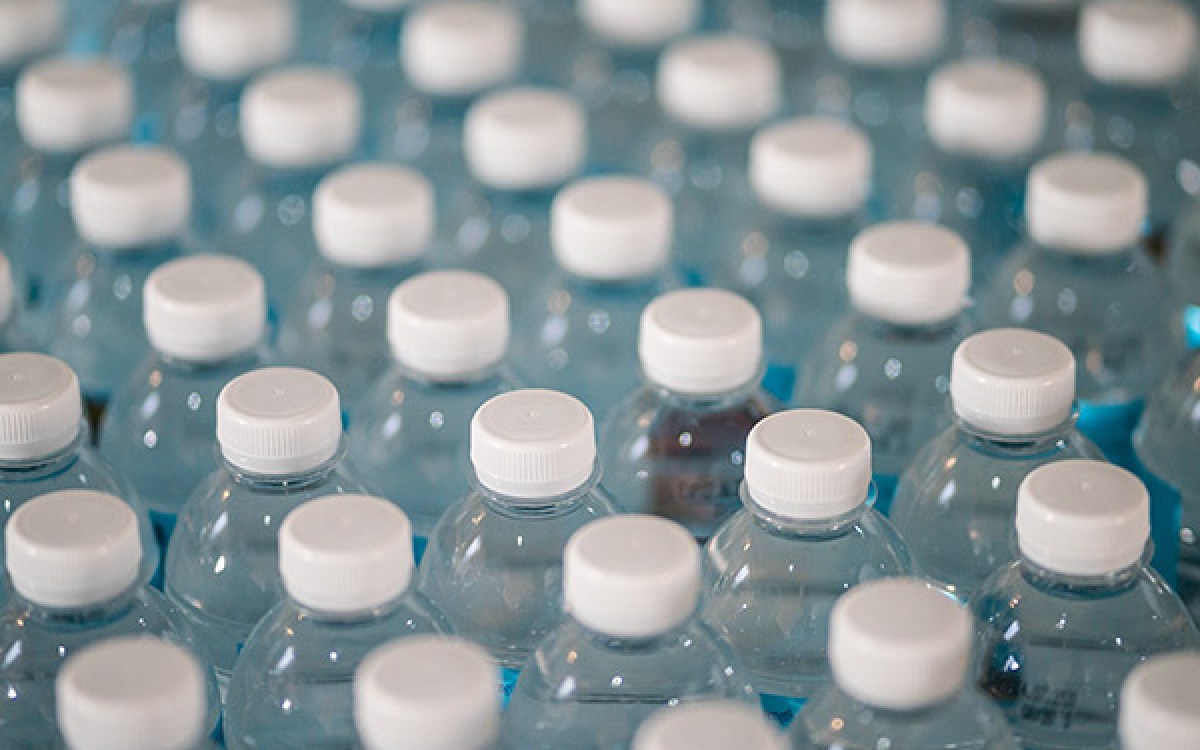 Plastic bottles lined up.