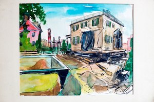 On display as part of an upcoming exhibit on slavery, this Allan Rohan Crite watercolor depicts the Dana-Palmer House, home of Harvard College and Law School graduate Richard Henry Dana Jr.. who helped found the anti-slavery Free Soil Party and later defended fugitive slaves in court.