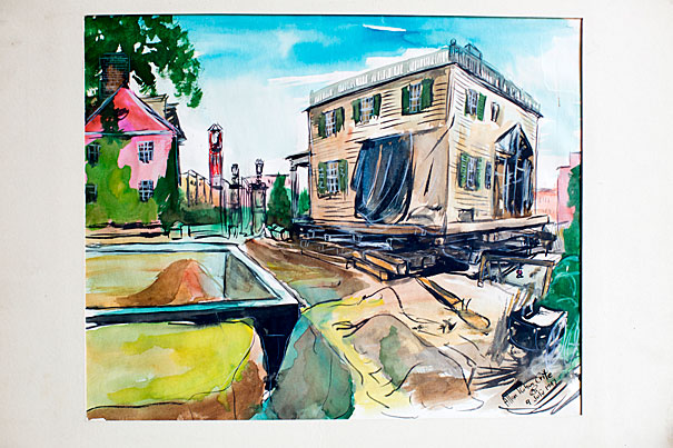 On display as part of an upcoming exhibit on slavery, this Allan Rohan Crite watercolor depicts the Dana-Palmer House, home of Harvard College and Law School graduate Richard Henry Dana Jr.. who helped found the anti-slavery Free Soil Party and later defended fugitive slaves in court.