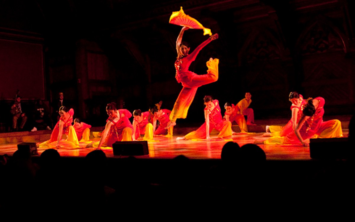 The Asian American Dance Troupe perform during the annual Cultural Rhythms event at Harvard University in Sanders Theatre.