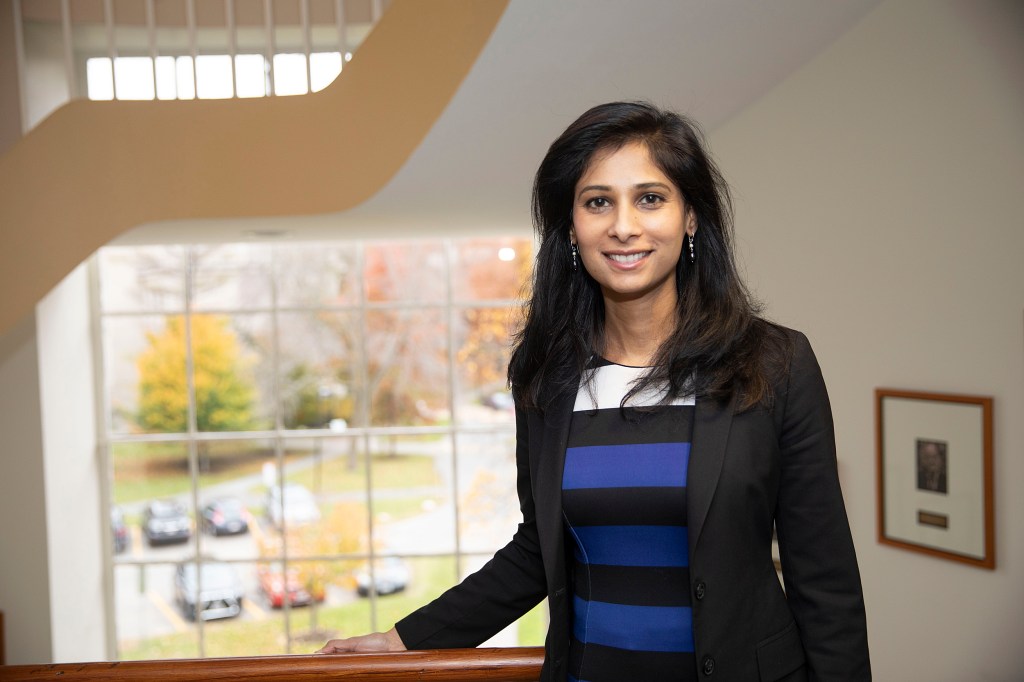 Gita Gopinath in her Littauer Building office at Harvard.