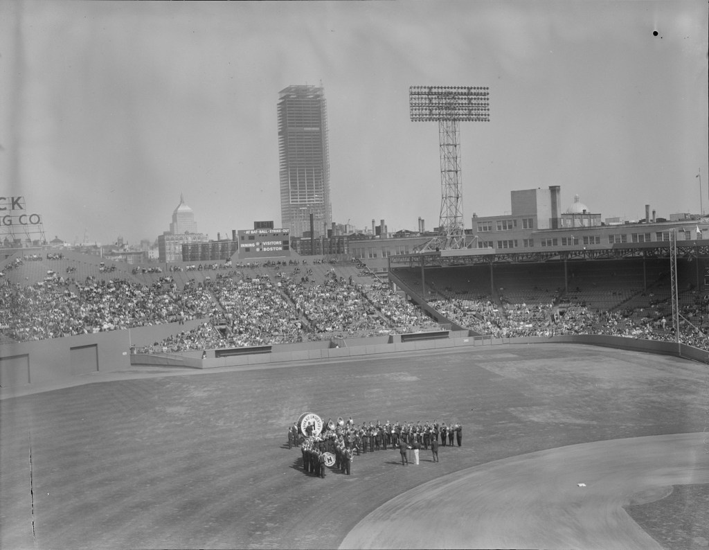 Harvard University band on the field at Fenway Park in 1963.
