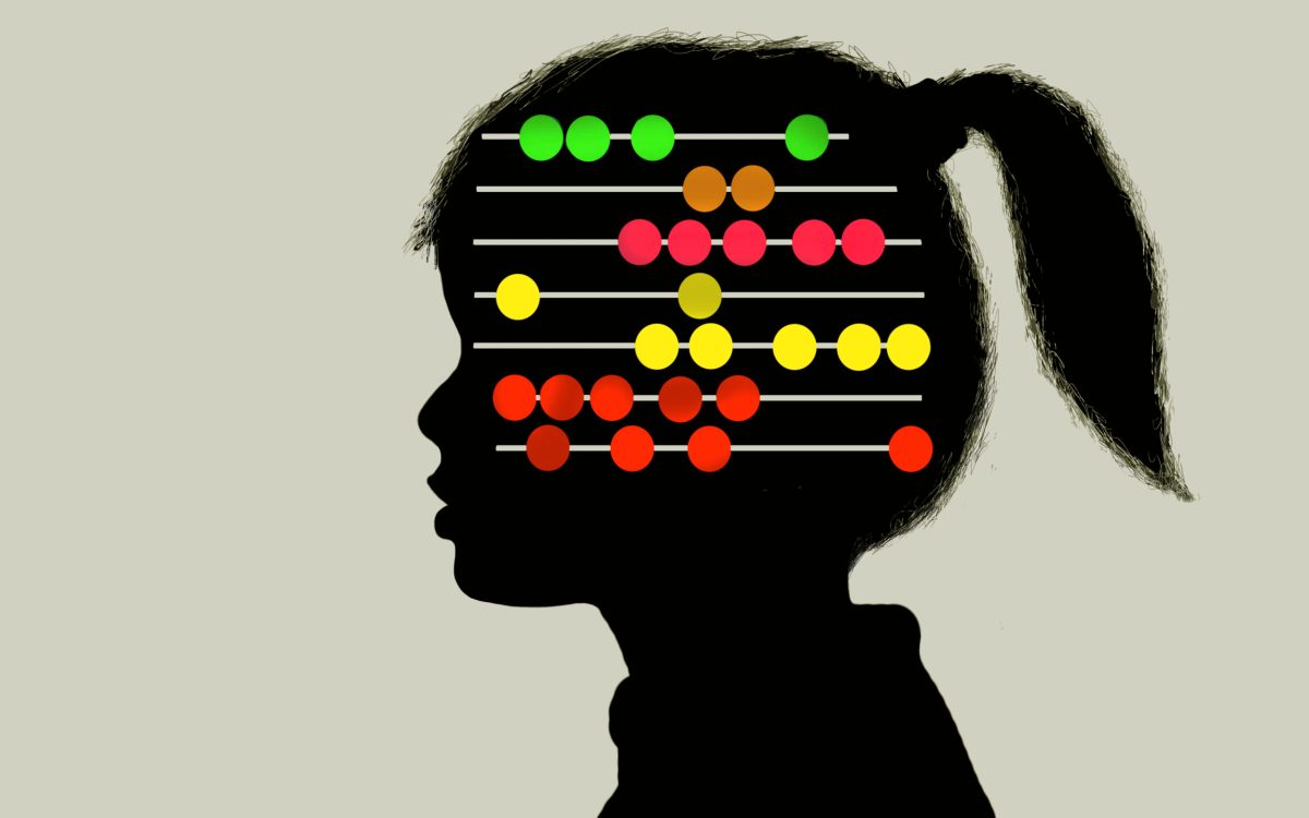 Illustration of young girl with abacus inside of head.