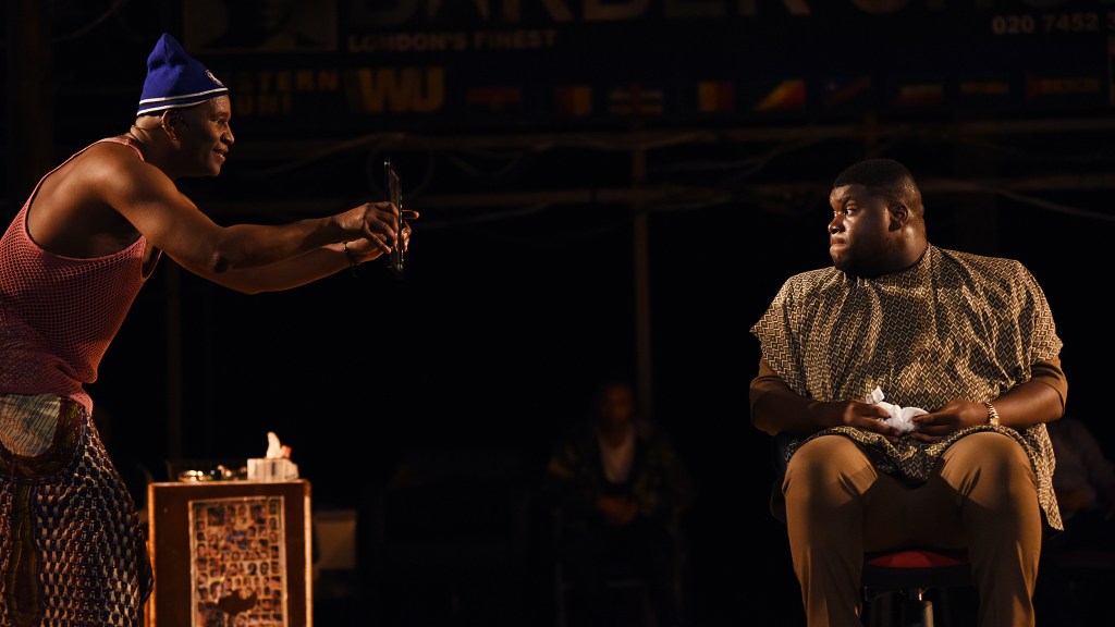 Patrice Naiambana and Tuwaine Barrett in Barber Shop Chronicles.