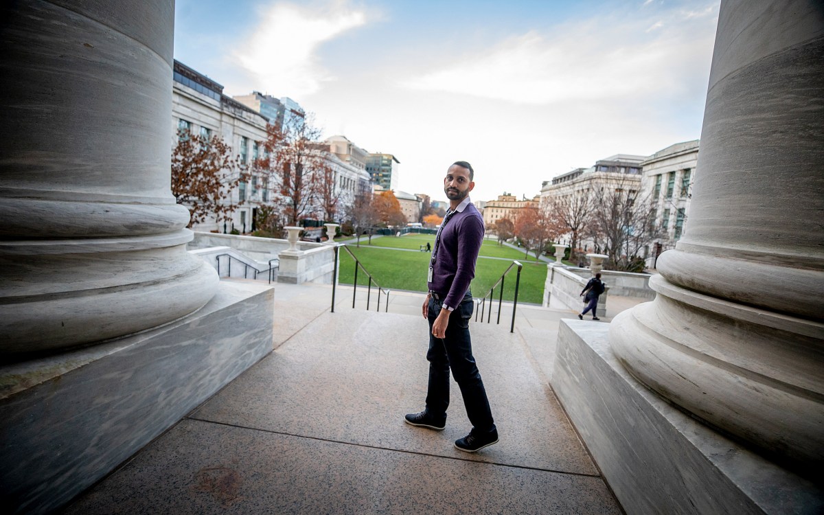 Calixto Saenz on the steps of Harvard Medical School