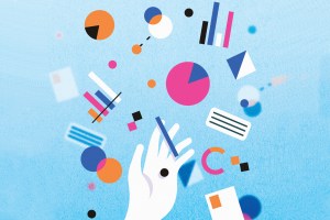 A hand reaching out to graphs and charts