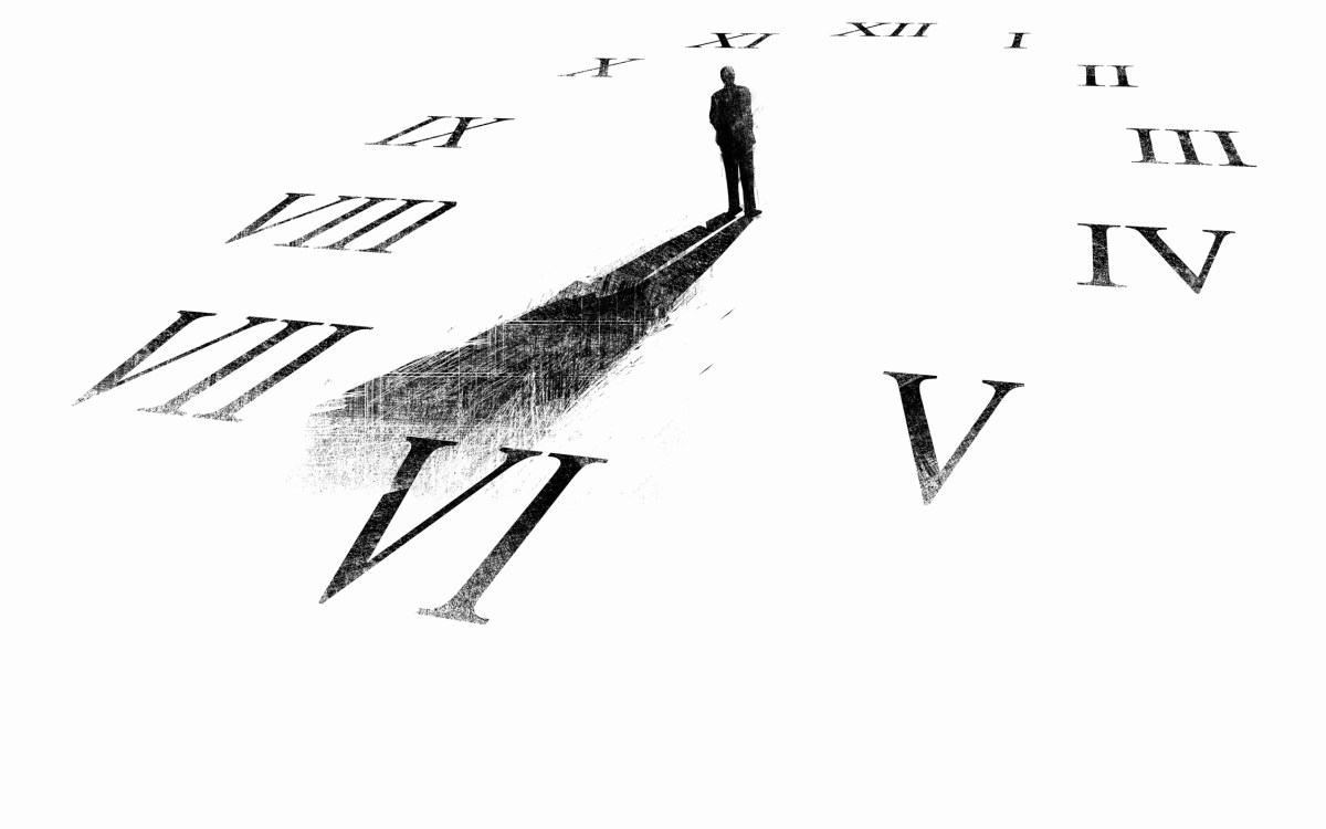 Illustration of man's shadow forming hands on a clock.