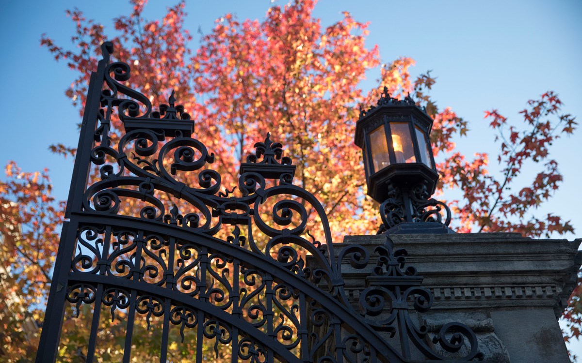 Autumn features of gates and the Barker Center.