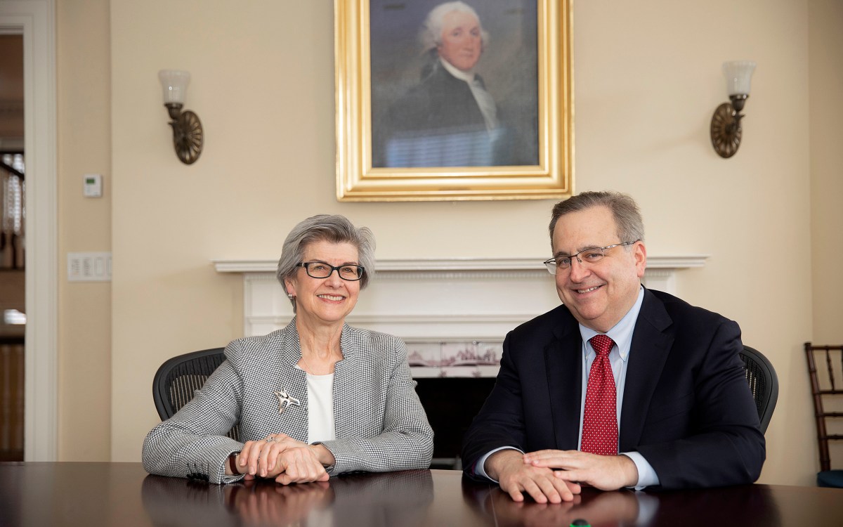 Overseers president Susan L. Carney ’73, J.D. ’77, and incoming Overseers president Michael Brown ’83, J.D. ’88