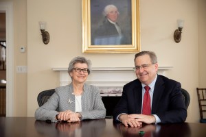 Overseers president Susan L. Carney ’73, J.D. ’77, and incoming Overseers president Michael Brown ’83, J.D. ’88