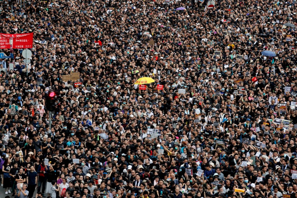 A mass of protesters march in Hong Kong.