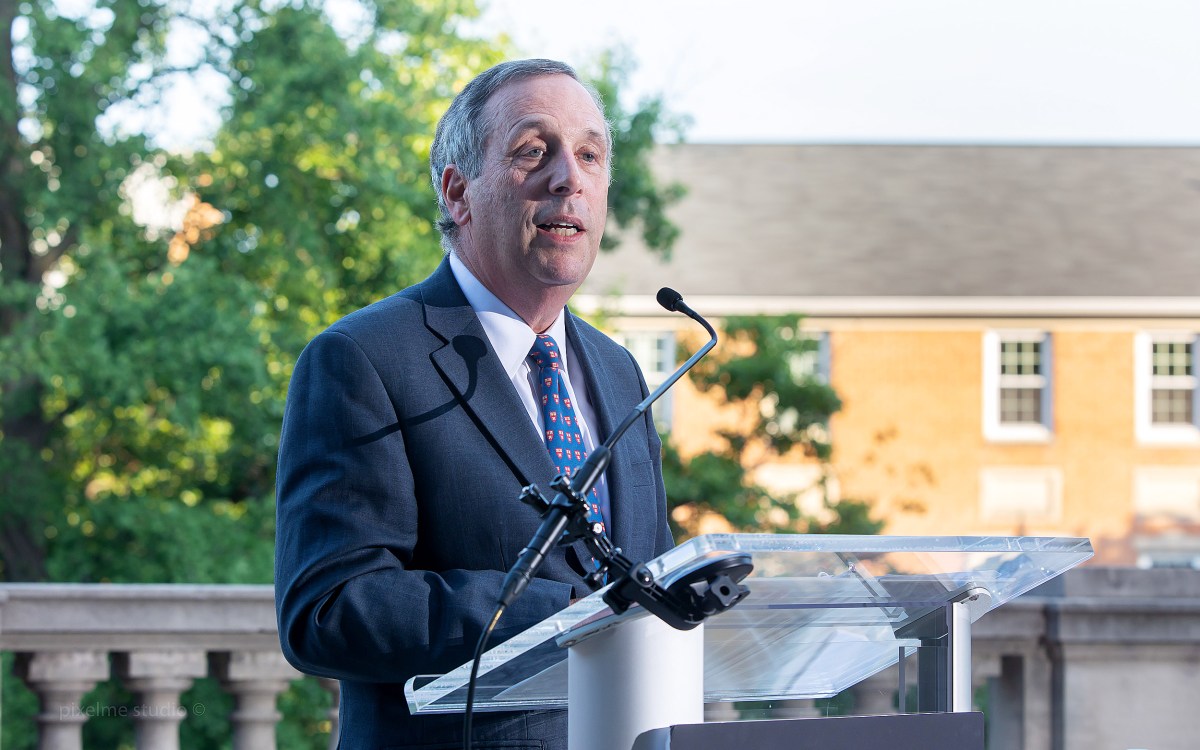 Harvard President Larry Bacow speaking in Washington, D.C.