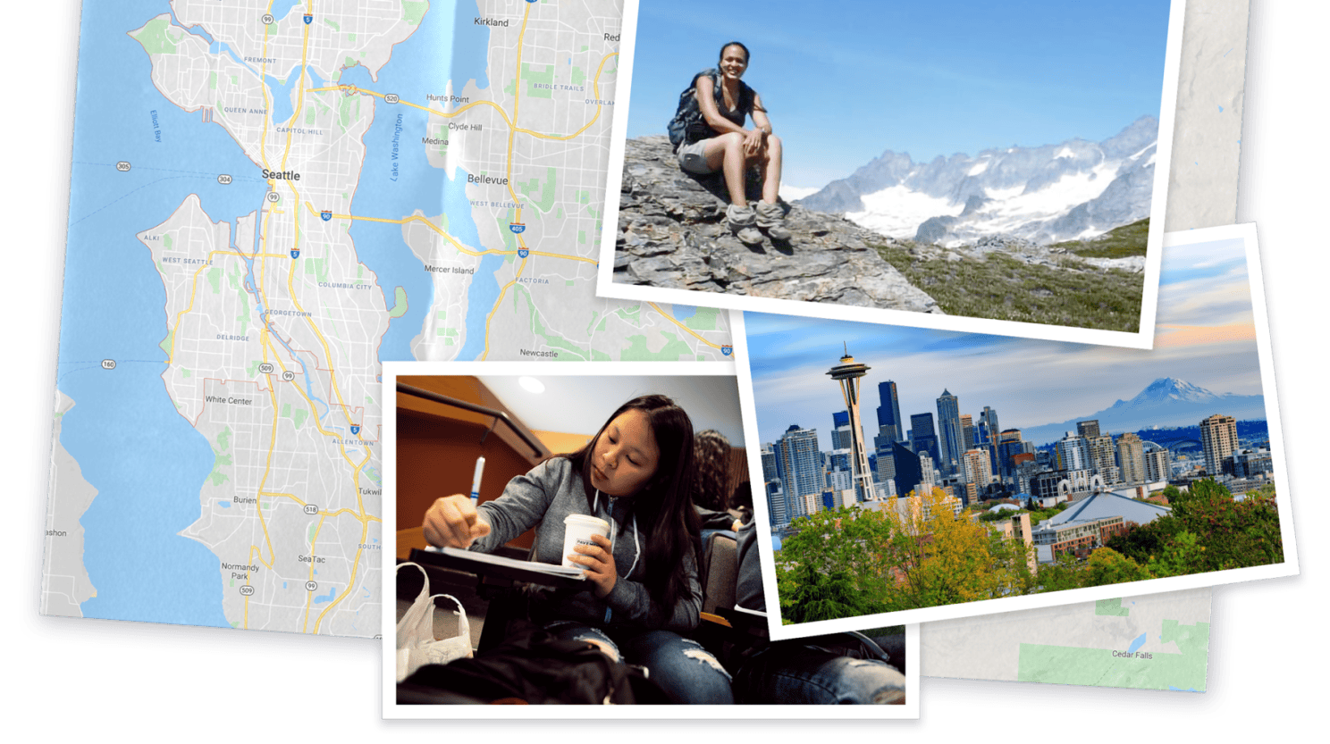 Alexis perched on a boulder with rugged mountains in the background; Seattle cityscape; CAP students studying