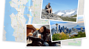 Alexis perched on a boulder with rugged mountains in the background; Seattle cityscape; CAP students studying