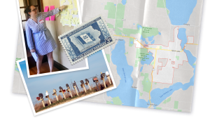 Madelyn standing in front of a whiteboard during a legal design workshop; Iowa statehood commemorative stamp; a row of mailboxes in rural Iowa
