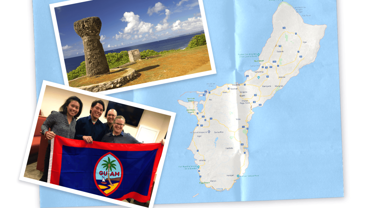 A collage with a map of Guam, a picture of a beach, and Kristin holding up the Guam flag