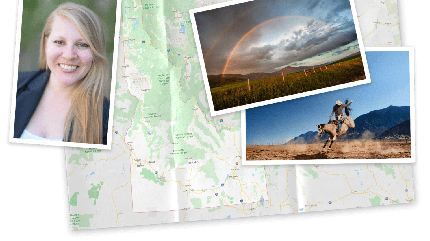 A collage of picture of Idaho and Rebecca on top of a map of Idaho