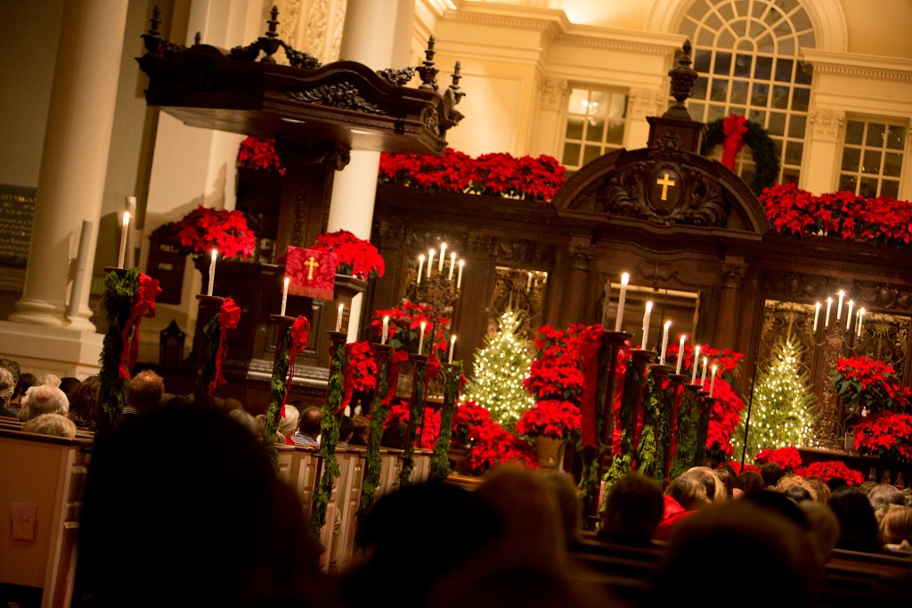 Memorial Church decorated for Christmas.