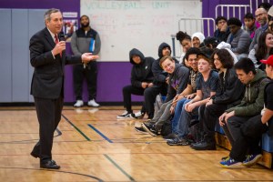 President Bacow speaking to students.