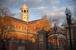 Harvard Hall and Johnston Gate.
