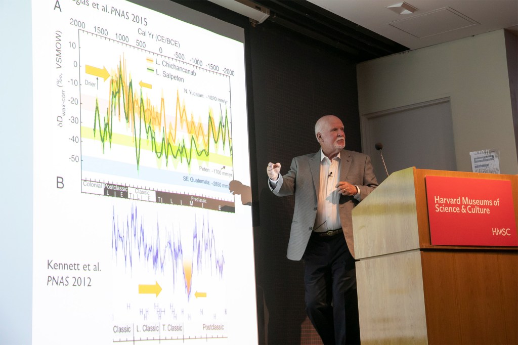 Professor Billie L. Turner standing in front of a slide showing rainfall.