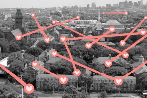 Computer screen with lines connecting buildings.