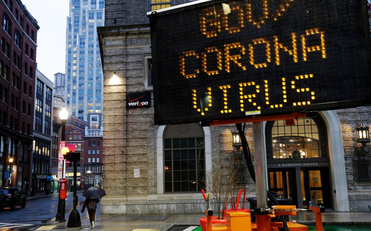 Mobile road sign in Boston directs people to government coronavirus website.