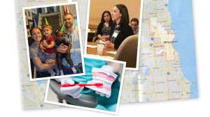 Collage of map of Wisconsin, photo of Colleen Greene, photo of her family and photo of an oral model