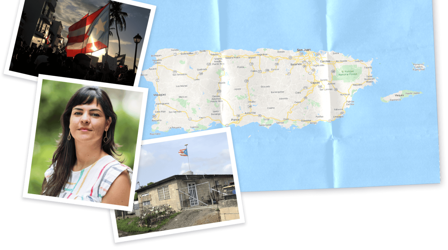 Collage of map and images of Puerto Rico and photo of Laura Pérez Sánchez