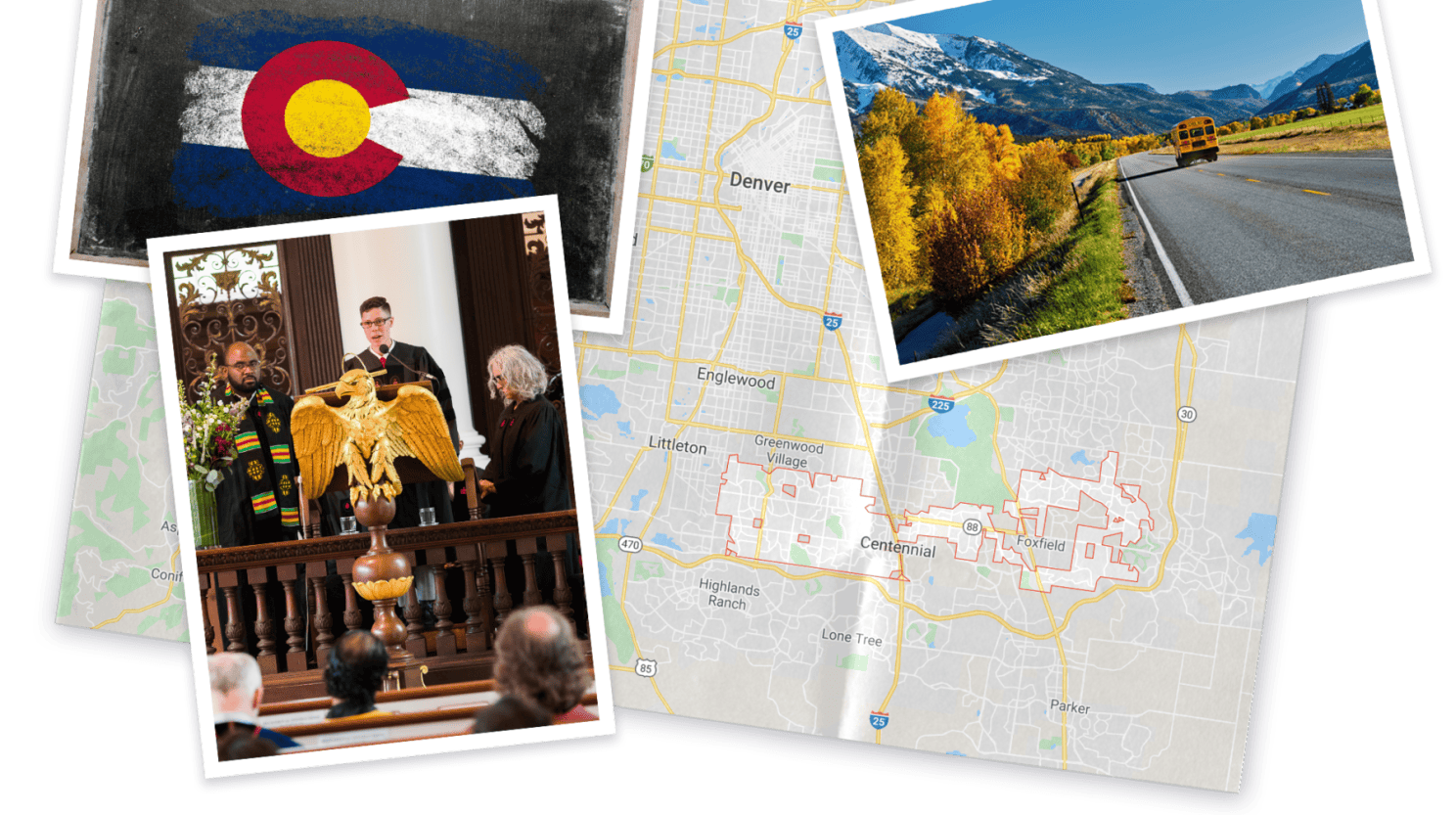 A collage of the Colorado flag, Seonjoon at a podium, and a school bus driving towards the rockies, all on a map of Colorado