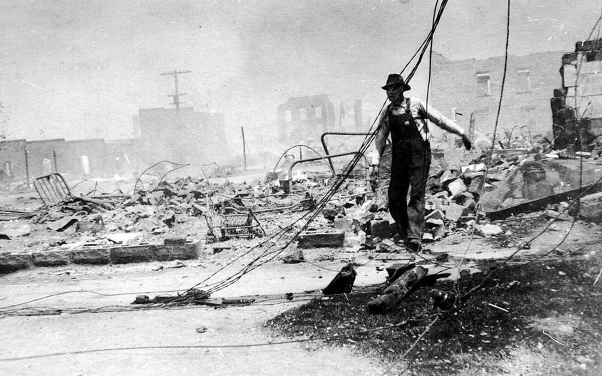 Tulsa's Greenwood District in 1921 after a white mob razed the predominately black community.