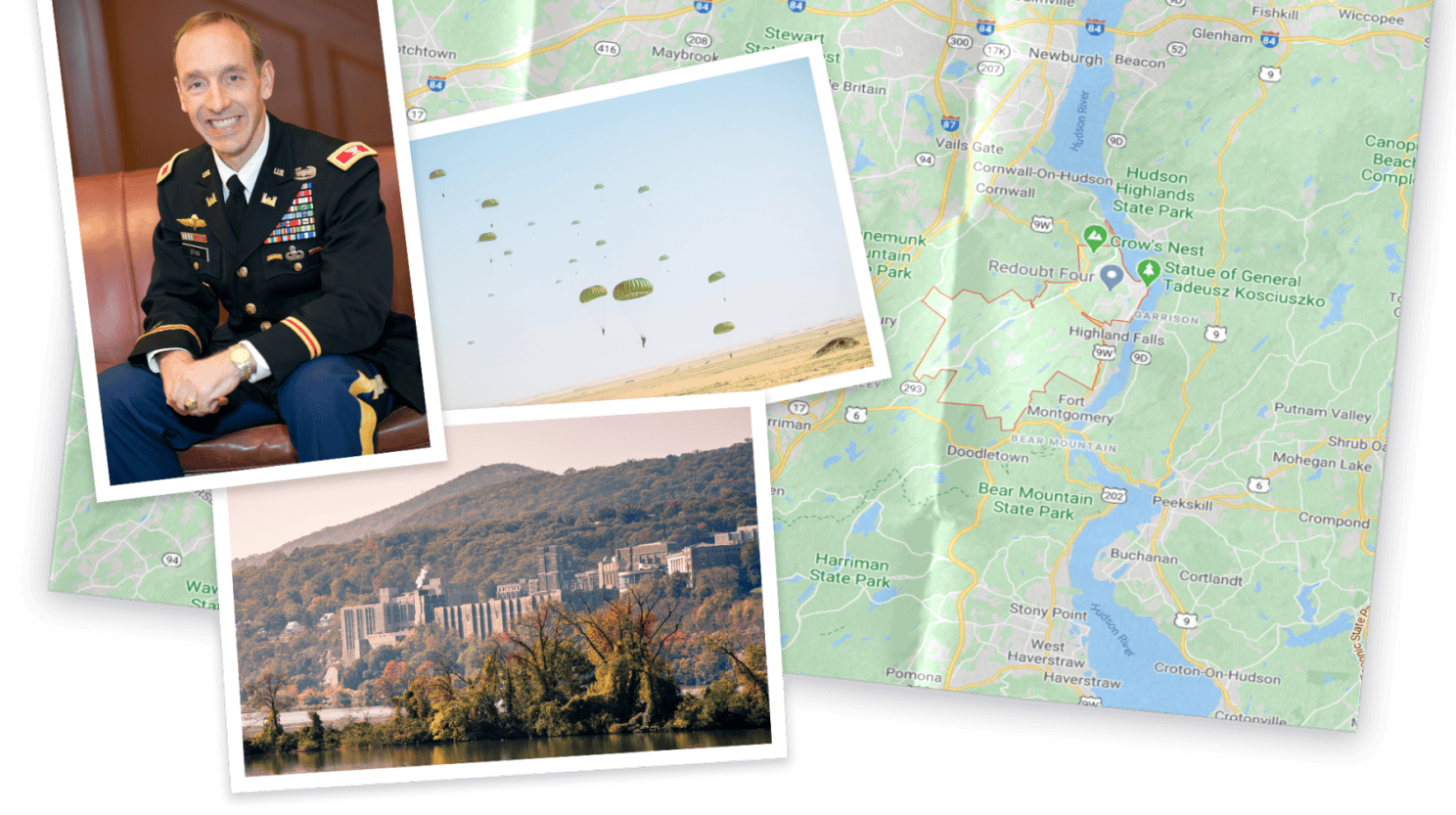 Collage of map and photo of New York and photo of Everett Spain