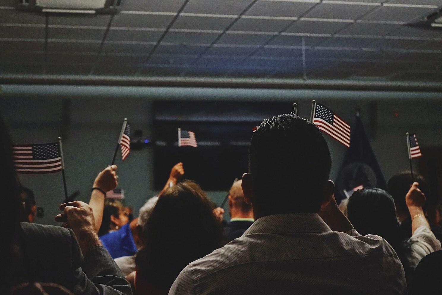 People waving flags.