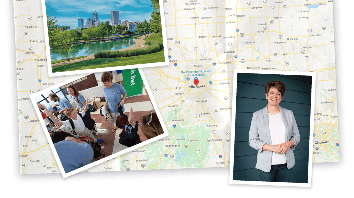 Collage of map and photo of Indiana, photo of Angie Hicks, and photo of children in a classroom